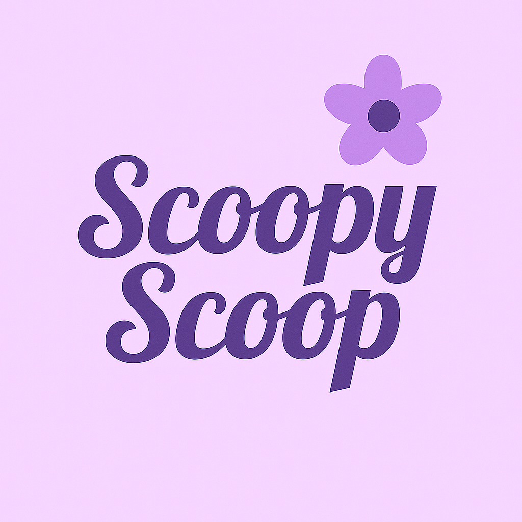 Purple 'Scoopy Scoop' logo with a flower on a light purple background