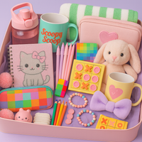 Assorted stationery items including a mug, notebook, and plush toy in a pink box on a purple background