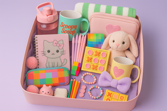 Assorted stationery items including a mug, notebook, and plush toy in a pink box on a purple background